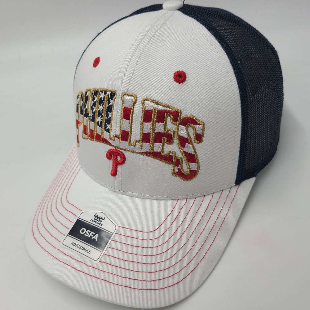 Philadelphia Phillies Hat Snapback Mesh Fan Favorite White Blue American Flag